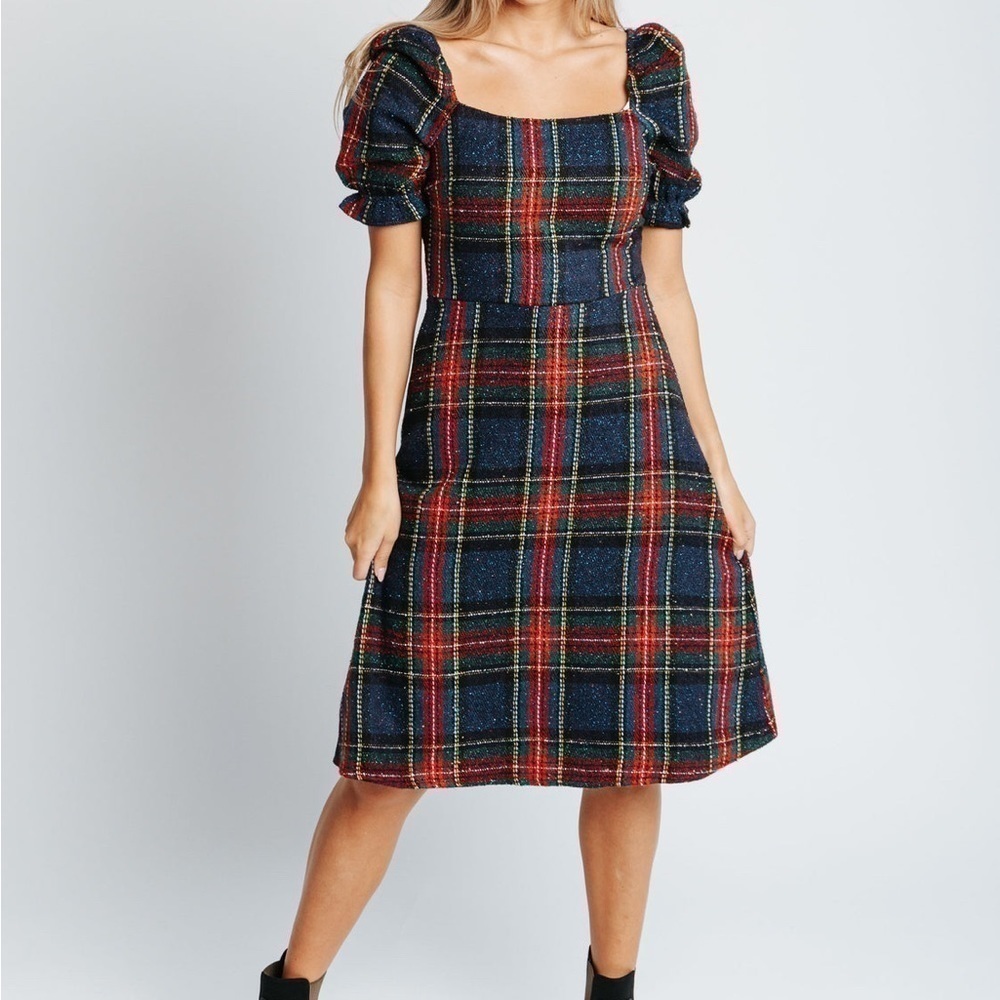 Fore Woman’s XS Plaid Midi Dress, Puff Sleeves and Square neckline Fully Lined